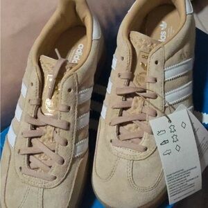 NWT. Adidas Tan Suede Sneakers with White Stripes